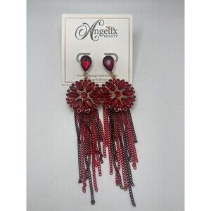 Angelix Beauty Red Rhinestone Chain Tassel Statement Earrings New